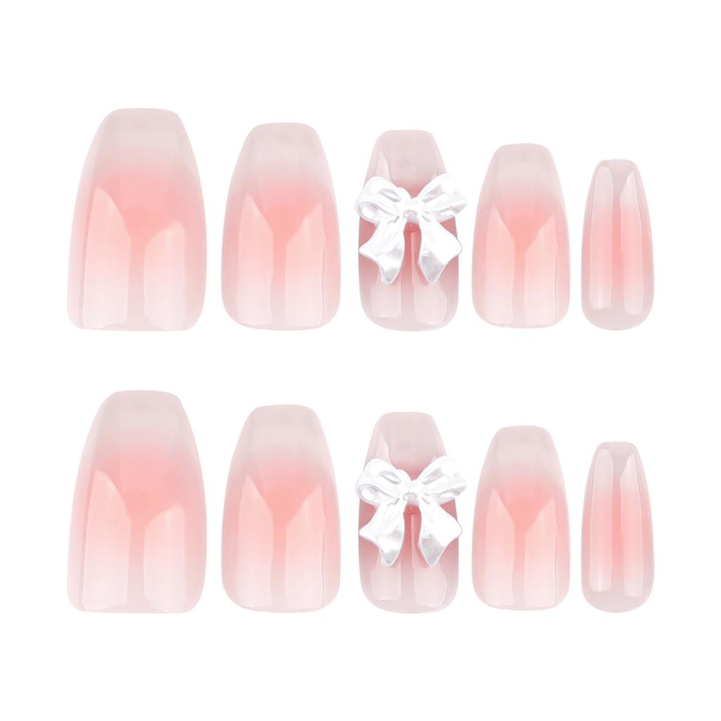 24 Pieces Sweet Blush French Cat's Eye Manicure Fake Nails Three-dimensional Point Drill Bow Wearing Nail Ballet Nail Piece