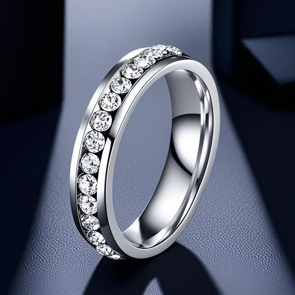 Stainless Steel Ring with Star-Inlaid Diamonds, Fade-Resistant, Titanium Finish