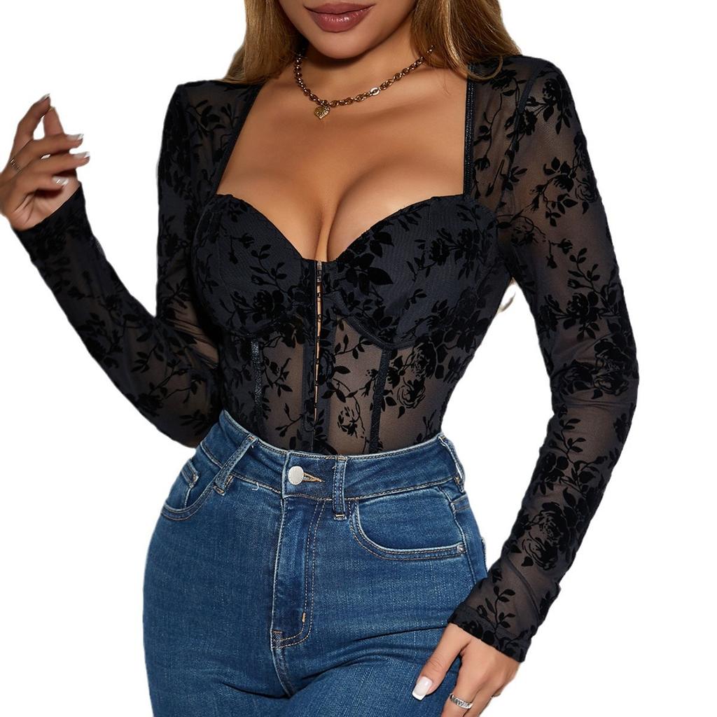 Women Floral Lace Long Sleeve Bodysuit Sexy Sheer Mesh Teddy Playsuit