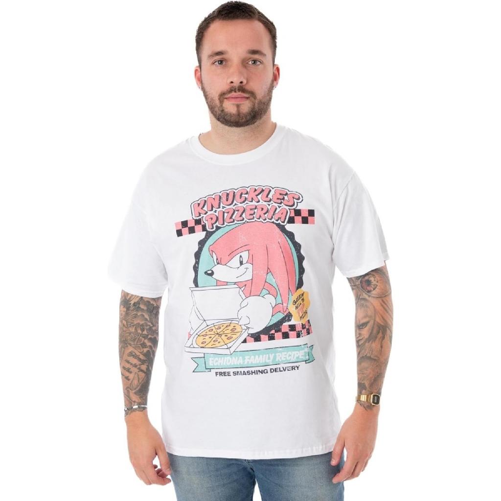 Sonic The Hedgehog Herren T-Shirt _ Knuckles Pizzeria Kurzarm Weiß Grafik T-Shirt für Erwachsene _ Gaming Geschenk für Ihn