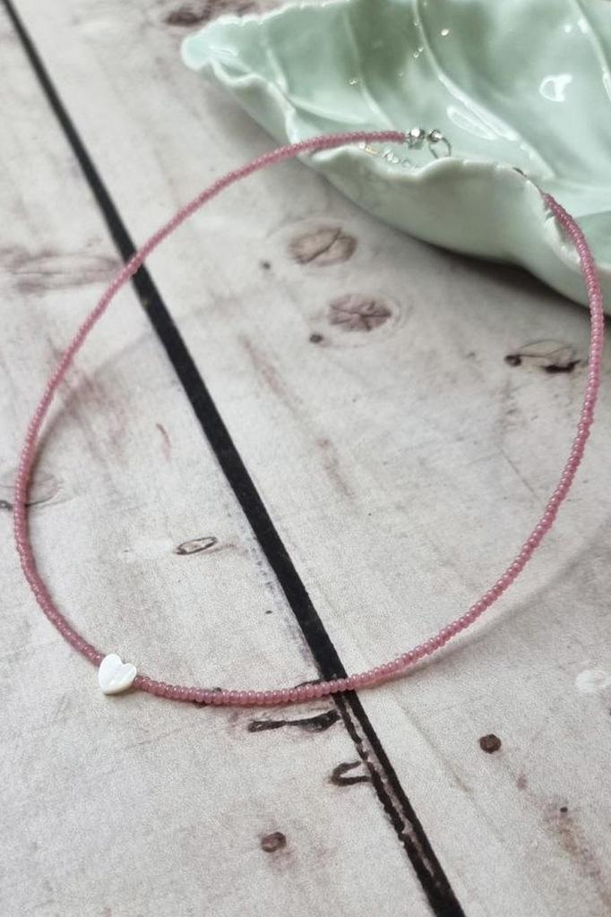 Handmade Choker with dark pink Seed Beads and Natural Heart Shell Pendant