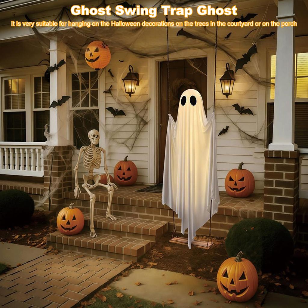 Halloween Hanging Swing Ghost Decor Thicken Spooky Ghost Ornament Battery Powered Cute White Ghost Swing for Porch Yard Trees