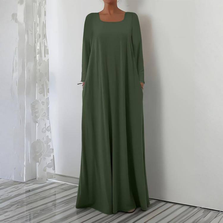 Fashionable Square Neck Long Sleeved Casual Dress Women Loose Pullover Long Dress Color
