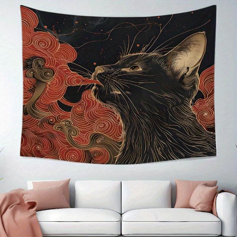 1 Pc Asian Ukiyo Art Japanese Cat Swallowing Clouds Wave Fabric Fun Tapestry Wall Hanging with Accessories, Home Dormitory Bedroom Wall Decor