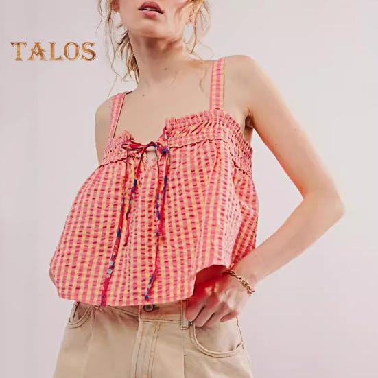 Sexy Weste für Damen, kariertes Sling-Top mit Schnürdetail, lockere Passform, kurze Tanktops, verstellbare Brustdekoration