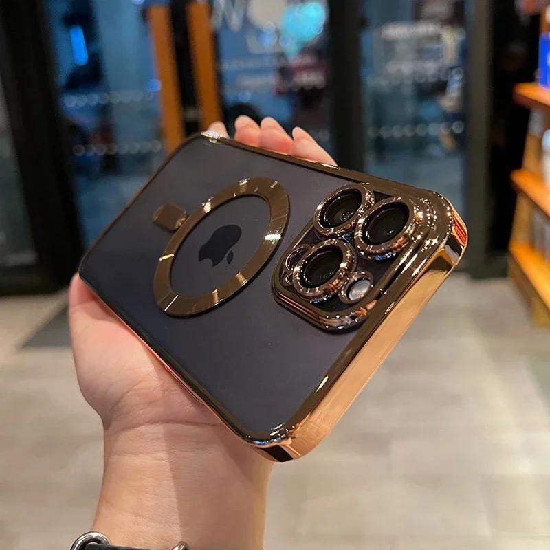 Luxury Transparent Magsafe Wireless Charging Case For iPhone 16 15 14 13 12 Pro Max Plus Magnetic Camera Lens Protector Cover