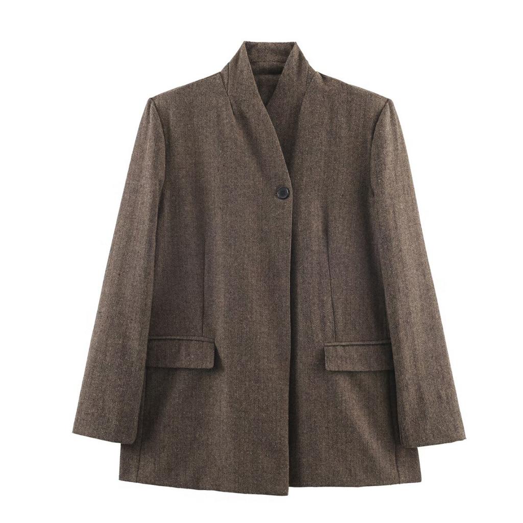 Autumn New European and American Style Blended Herringbone Twill Blazer Top