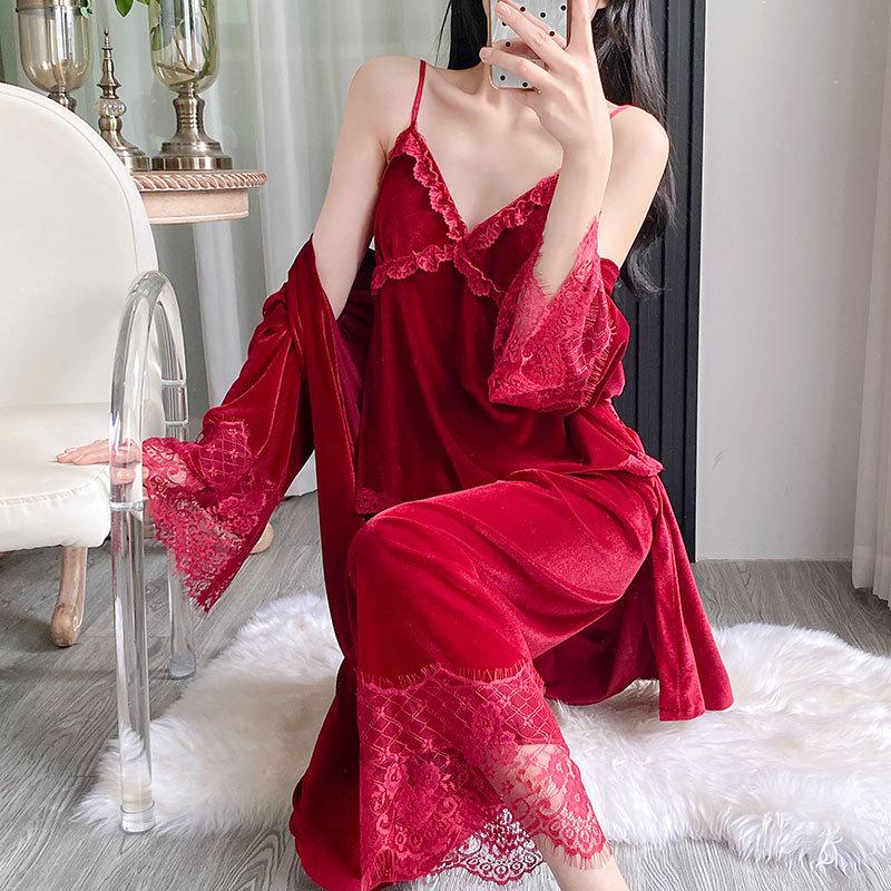 

2025 Sexy Lace Velvet Pajama Set: Women s Padded Camisole & Long Sleeve Homewear Large вина червоного кольору