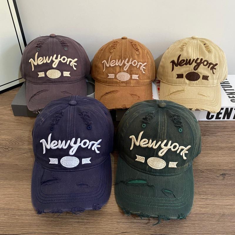 Retro New York Embroidery Dad Hat Distressed Ripped Frayed Washed Cotton Multi Tone Casual Street Baseball Cap for Women Men
