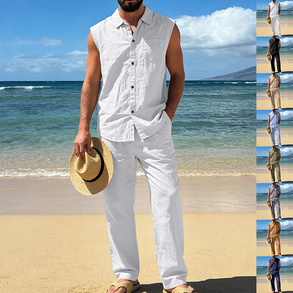 Men's Cotton-Linen Casual Hoodie Vest And Pants Set