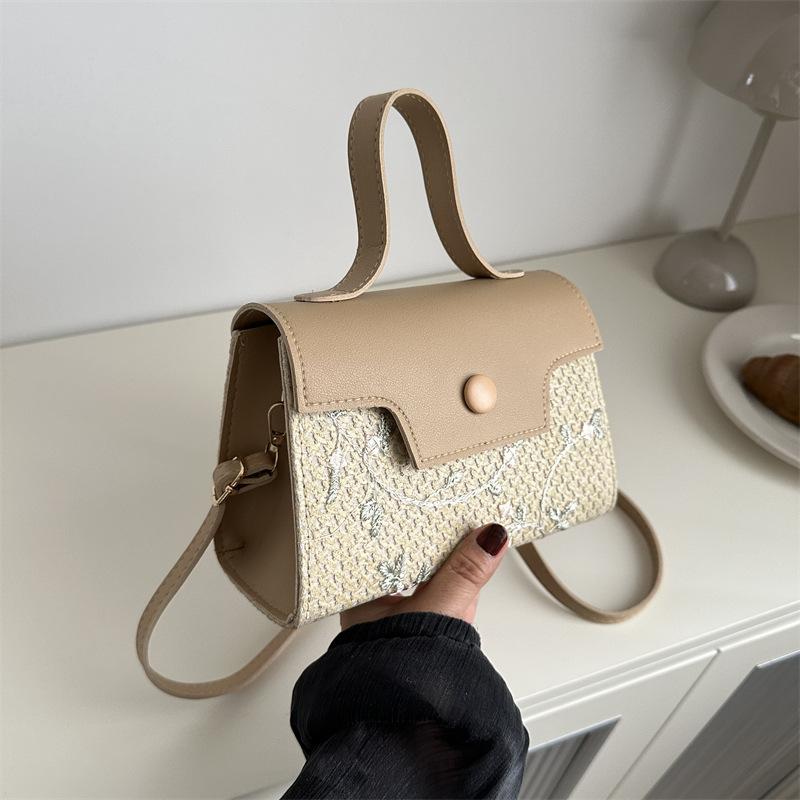 

Summer popular woven straw splicing bag women s 2025 trend fashion new textured shoulder portable small square bag хакі