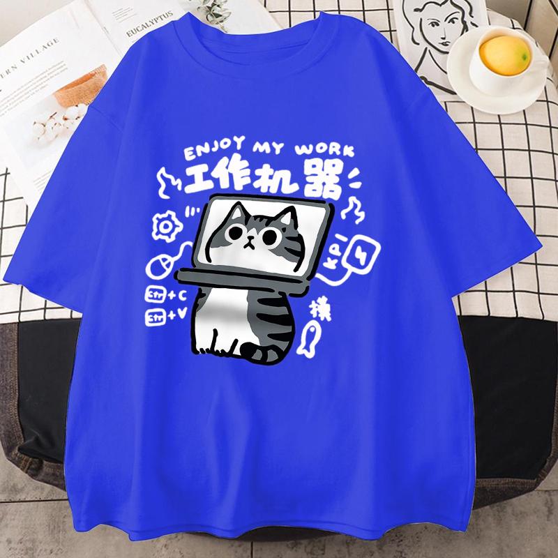 Fun Tool Cat Print Japanese Style T-Shirts Men Women Breathable Clothing Summer Cotton Tshirt Hip Hop Loose Oversized T-Shirt