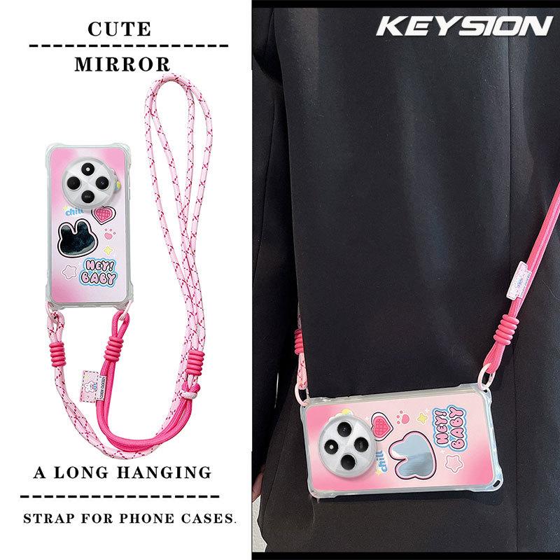 KEYSION Crossbody Strap Phone Case for Redmi 14C Cute Cartoon Long Lanyard Mirror Shockproof Cover for Xiaomi POCO C75