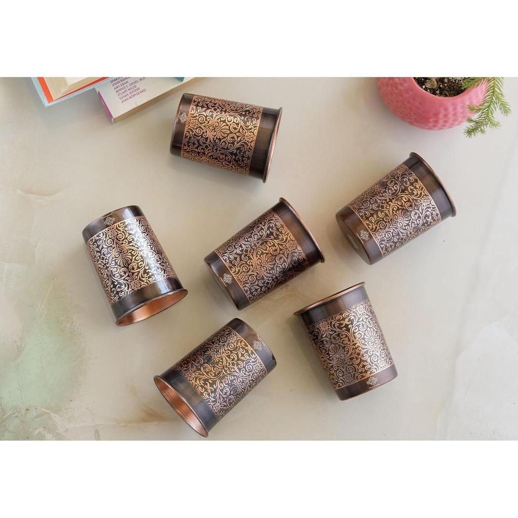 Design Glass – 275 ML, Ayurvedic Copper Drinkware for Daily Use, Elegant Handcrafted Water Glass for Home, Office, and Gifting, Set of 6