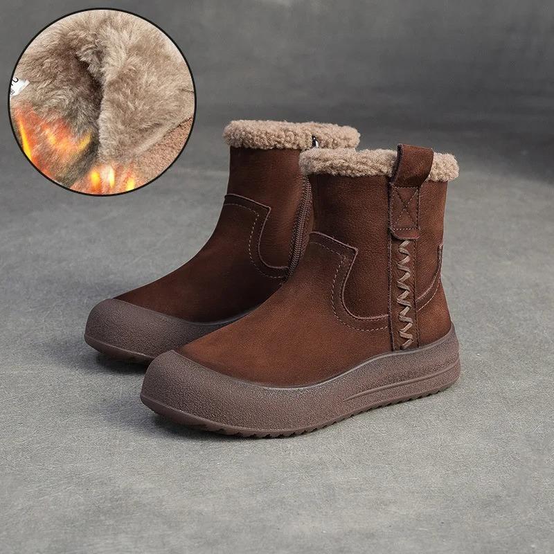 Johnature Plush Warm Retro Genuine Leather Thick Bottom Short Boots Versatile Soft Soled Women's Shoes