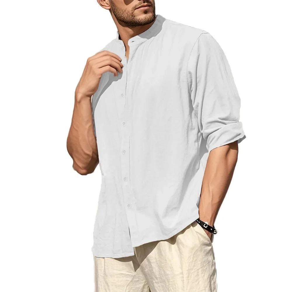 

Мужская хлопково-льняная рубашка с длинным рукавом, хенли, весна-осень, повседневный свободный крой, дышащая, базовый стиль, с длинным рукавом, мужские рубашки XXXL слоновая кость