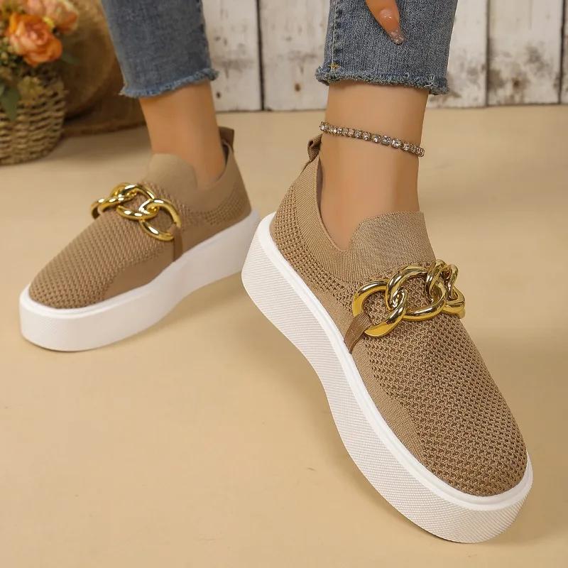 Fashion 2024 Women's Spring New Black Thick-soled Flat Shoes Women's Loafers Slip-on Boat Shoes Metal Chain Designer Casual
