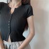 Summer Short Crop Top with Exposed Navel Slim Fit Solid Color Versatile Thin Short Sleeved Knitted Sweater for Women