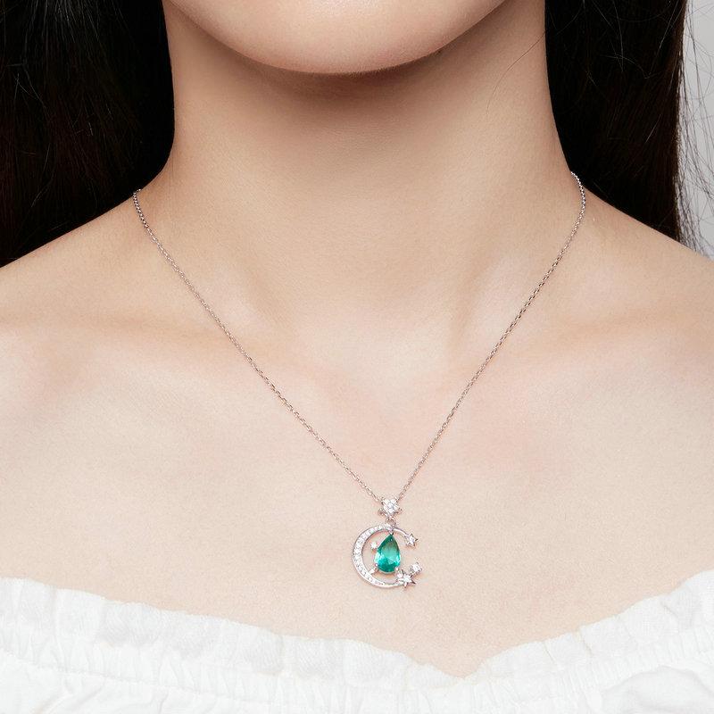 S925 Sterlingsølv Halsmåne- og stjerneanheng Halskjede Lysegrønn Waterdrop Halskjede for kvinner Fine smykker