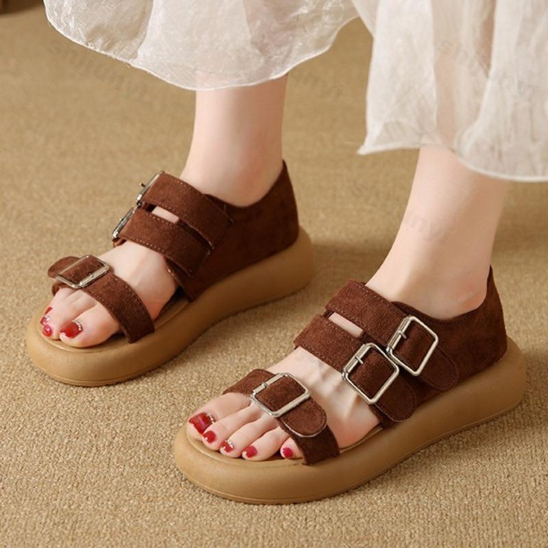 Fashion Roman Style Retro Casual Thick Soled Sandals for Women's 2025 Summer New Hollow Breathable Comfortable Shallow Mouth Beach Flats