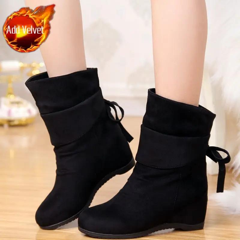 Fashion Wedge Heel Solid Color Round Toe Mid Calf Shoes Woman Sale 2024 New Large Size Warm On Offer Fashion Half High Boots for Women