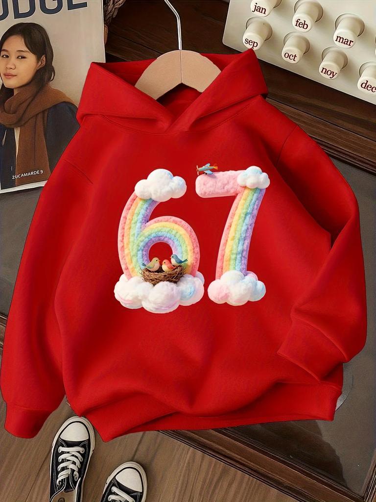 Kinder Süß Regenbogen Zahl 67 Aufdruck Hoodie Wolke Vogelnest Grafik Pullover Herbst Winter Fleece Warm Lässig Kapuzenpullover