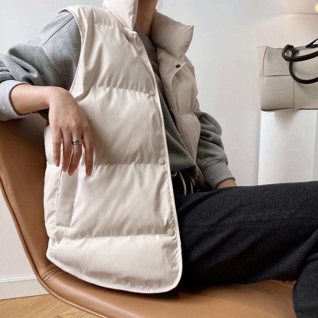 Autumn Winter Women Vest Coat Stand Collar Winter Women Warm Coat Oversize Tops Beige Vest