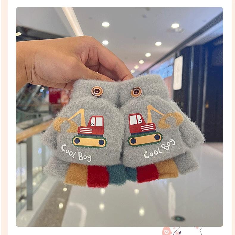 Guantes de Invierno de Dibujos Animados para Niño Lindo Excavadora Gruesos Cálidos Niños Medio Dedo Manoplas Abatibles Exterior Niño Pequeño Cortavientos Guantes para Niños