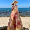 Spot year's new holiday style new Chinese style national style smudged seaside holiday suspender loose and thin dress