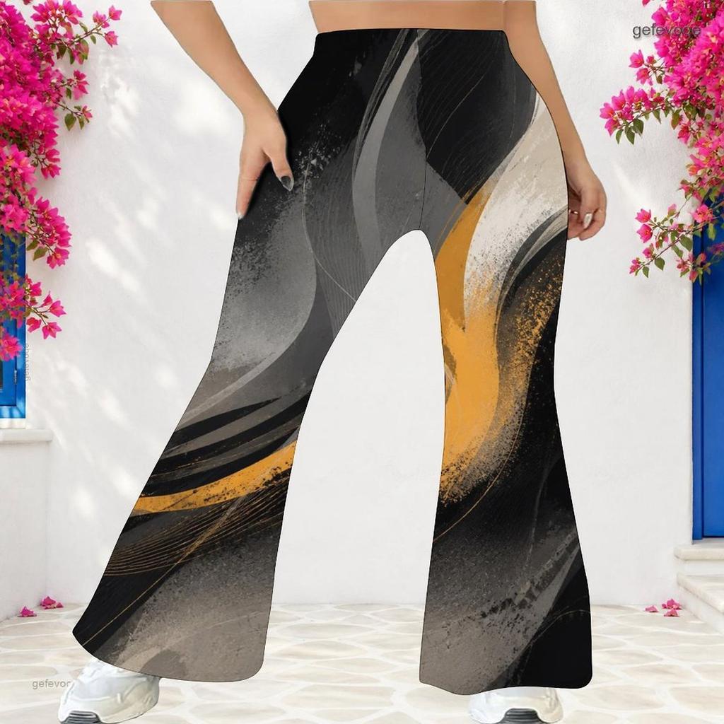 Women's Casual High Waist Flare Pants, Geometric Pattern Print Streetwear Bell Bottom Trousers