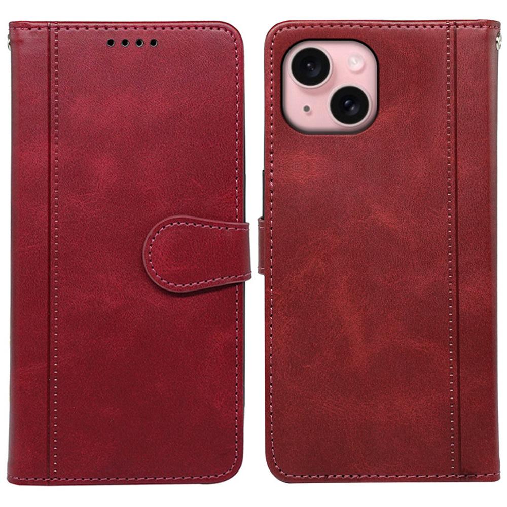 

For iPhone 15 Case Calf Texture Leather Stand Book Style Phone Cover Red