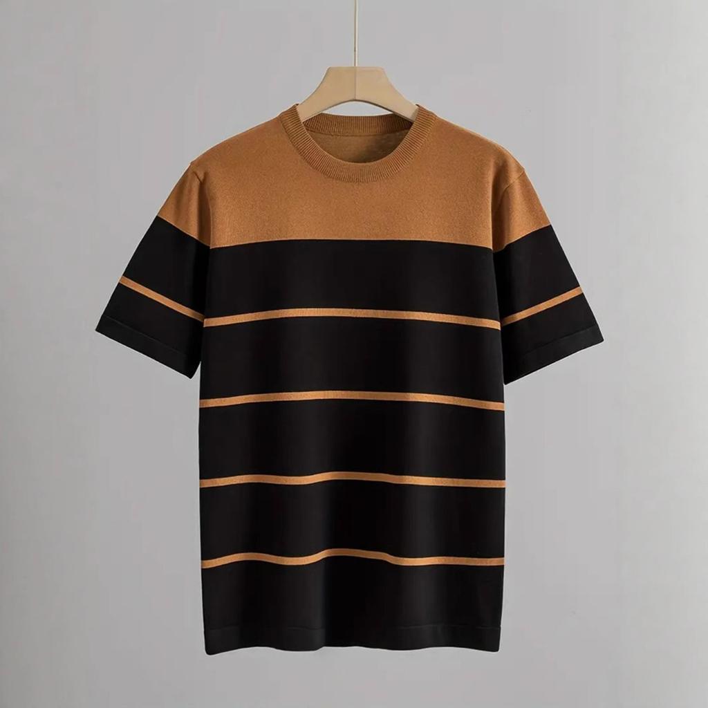 Men's Summer Color - Blocked Knitted Short - Sleeve T - Shirt, Fashionable Striped, Trendy, Casual Round - Neck, Slim - Fit, Versatile Top For Men