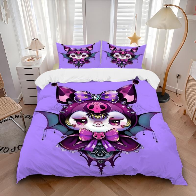 3pcs Kuromi Bat Print Bedding Set (1 Cover + 2 Pillowcases, Without Inserts), This Printed Bedding Set is Soft and Comfortable, Suitable for