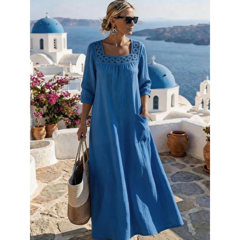 Casual Square Neck Three Quarter Sleeve Solid Color Womens Loose Long Maxi Dress
