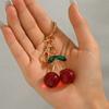 Sweet Cherry Keychain With Green Rhinestone Leaves Gold Color Keychain For Gift - Giving Occasions