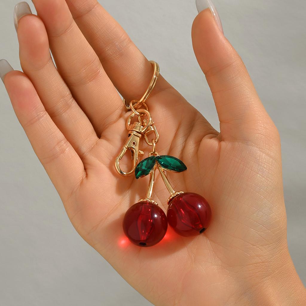 Sweet Cherry Keychain With Green Rhinestone Leaves Gold Color Keychain For Gift - Giving Occasions