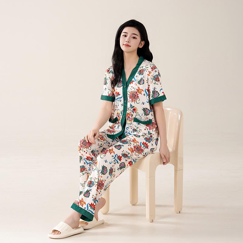 Women's Floral Ice Silk Pajama Set - Loose Short Sleeve & Shorts, 3-Piece Summer Loungewear