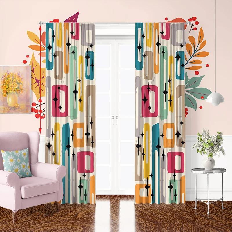 2pcs Retro Geometric Star Printed Curtains, Designed for Light Filtering, Quality Material, Ideal for Mid-Century Modern Home Wi