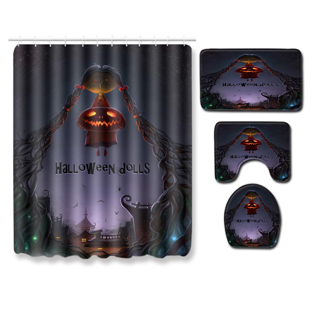Halloween Shower Curtain Floor Mat Combination Four-Piece Set Bathroom Toilet Carpet Shower Room Foot Mat