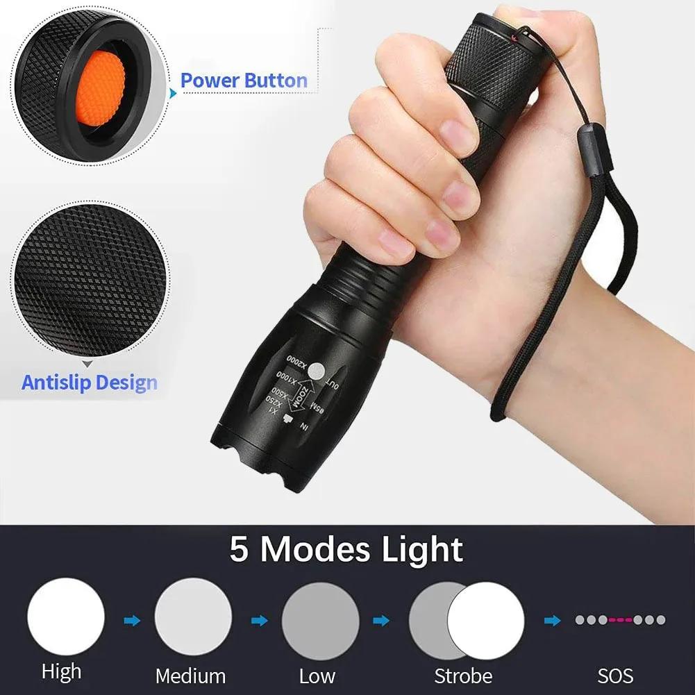 High Power T6 LED Flashlights Camping Torch 5 Light Modes Zoom Light Aluminum Alloys Waterproof Material External 18650 Battery