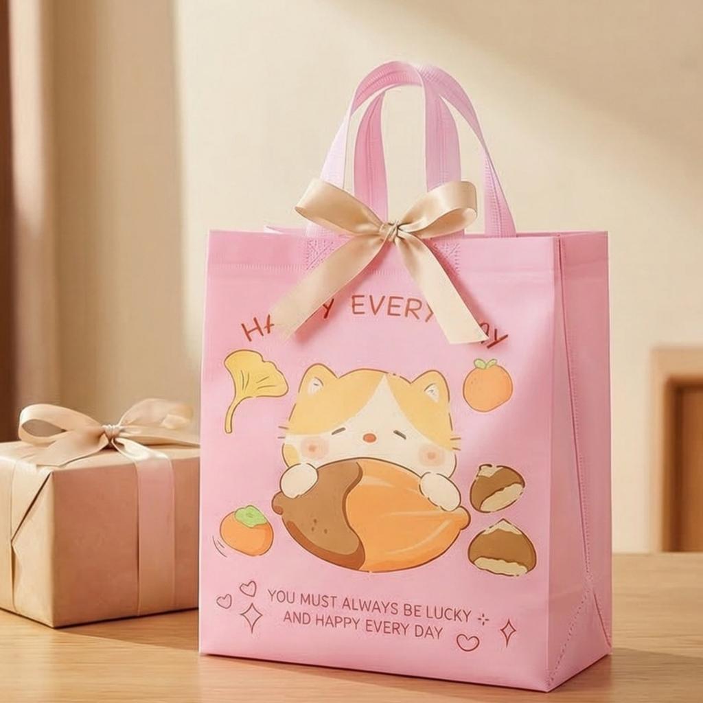 12pcs Cute Cat Non Woven Gift Tote Bags Animal Print Handbags Party Favor Bags Kawaii Gift Packaging Bags