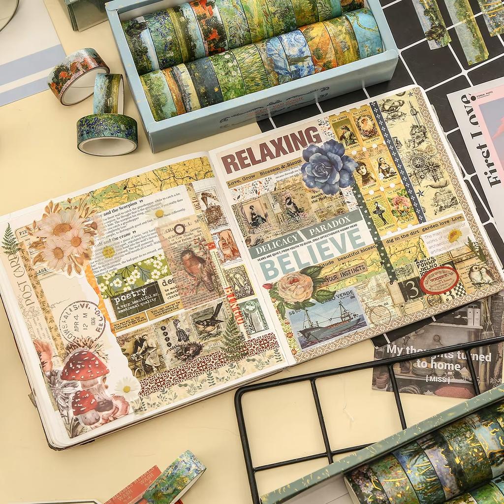20 Rolls Vintage Gold Foil Washi Tape Set, Oil Painting Style Scrapbooking Paper, Stationery, DIY Gift Decoration Craft Supplies