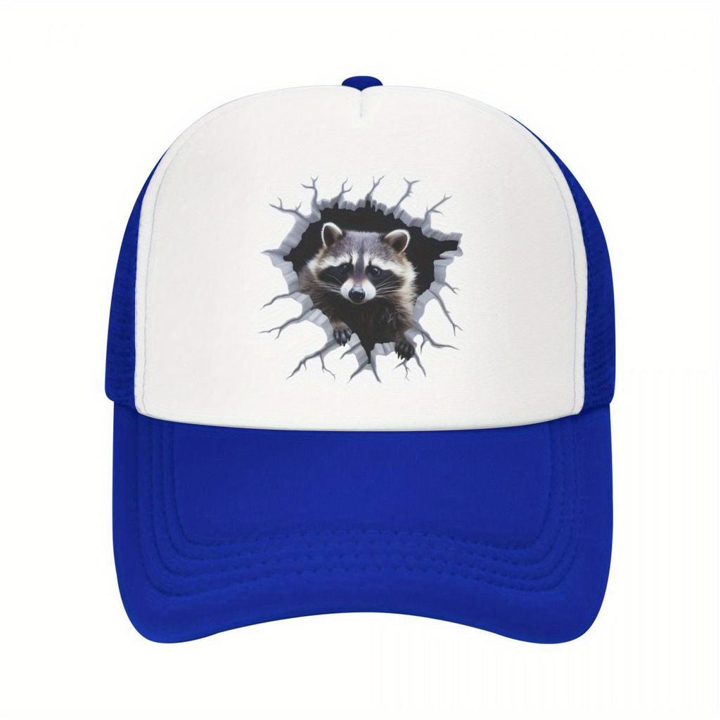 Raccoon Breaking Through Hole Trucker Hat Polyester Casual Snapback Cap Adjustable Unisex Outdoor