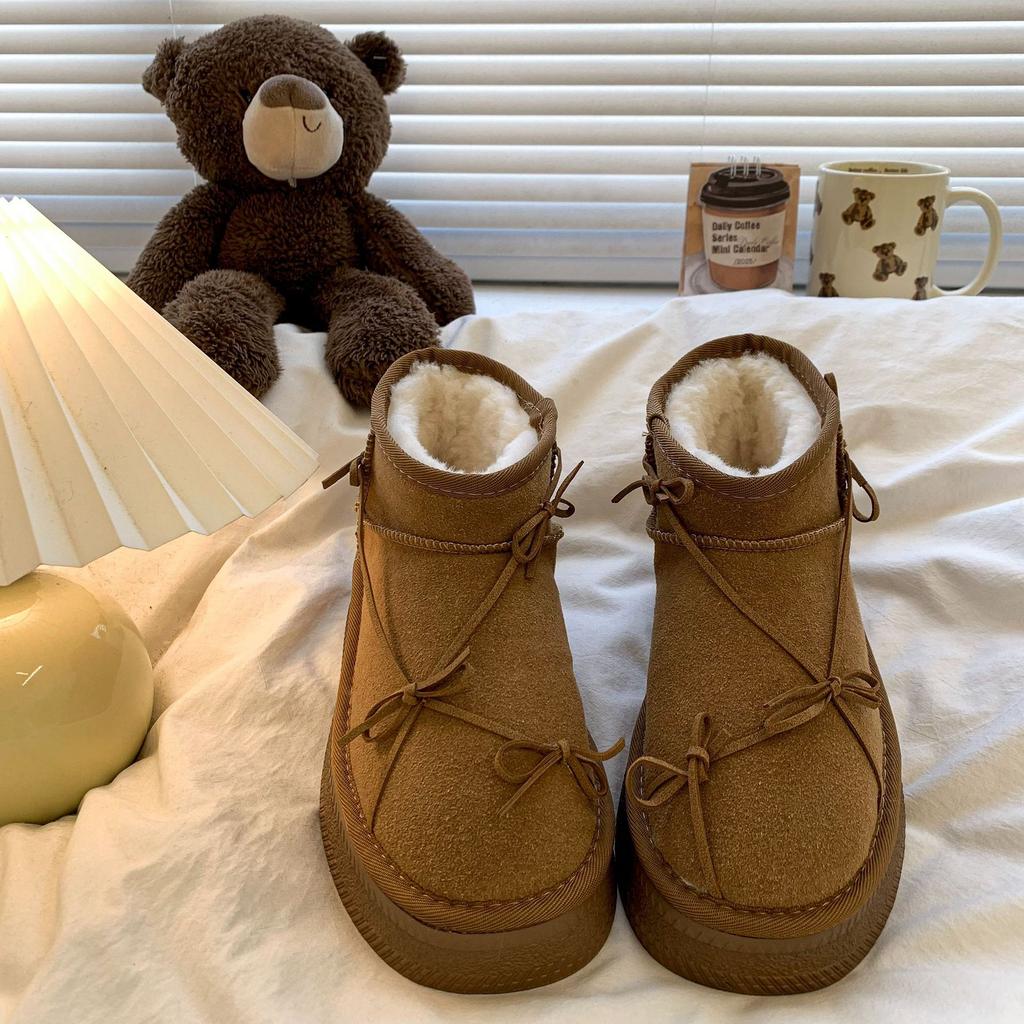 Thick-soled bow big-headed snow boots women's winter 2025 new velvet short boots with integrated fur Northeast cotton shoes