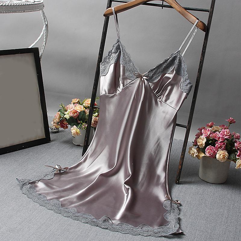 Women Bow Ribbon Bedroom Nightwear Comfortable Solid Color Sleepwear Polyester Summer Lace Ruffle Design Satin 6 Colors
