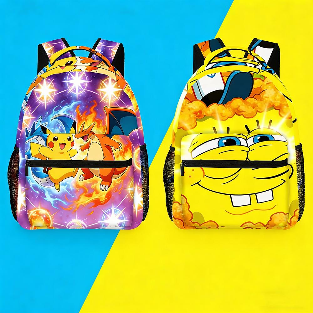 Cartoon Character School Backpack, Pikachu Charizard Spongebob Print Bookbag, Color Block Schoolbag for Students