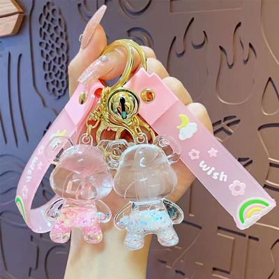 Cartoon Acrylic Oil Quicksand Cherry Blossom Bear Keychain Schoolbag Pendant Couple Car Key Chain Pendant Gift