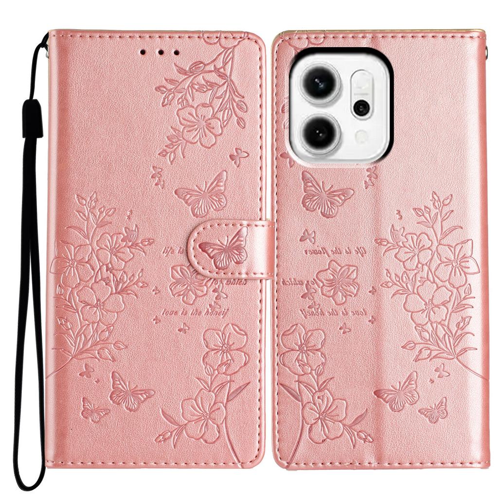 For Oppo Reno14 Pro 5G (Global) Lommebok Telefondeksel Sommerfugl Blomsterpreget Lær Flipdeksel med Stropp