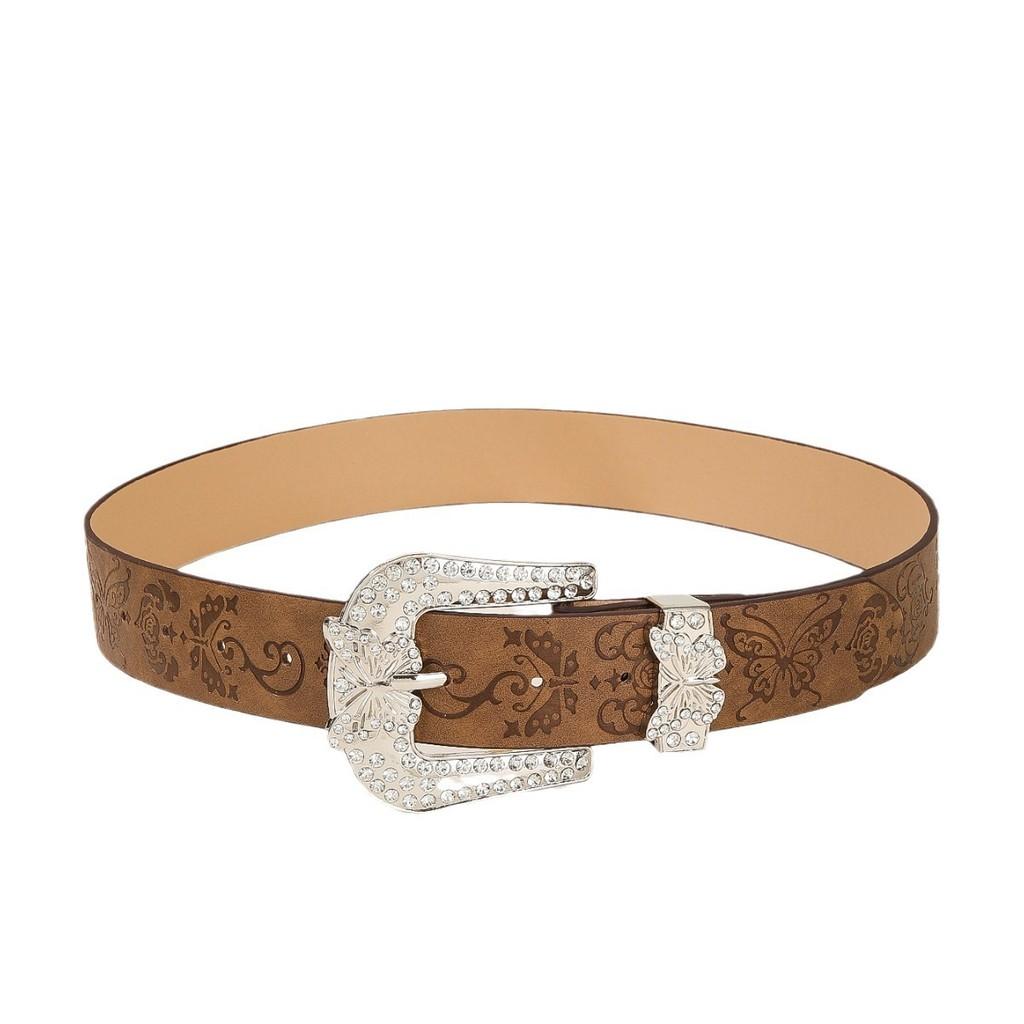 Vintage American Style Pu Leather Belt With Butterfly Crystal Buckle For Women