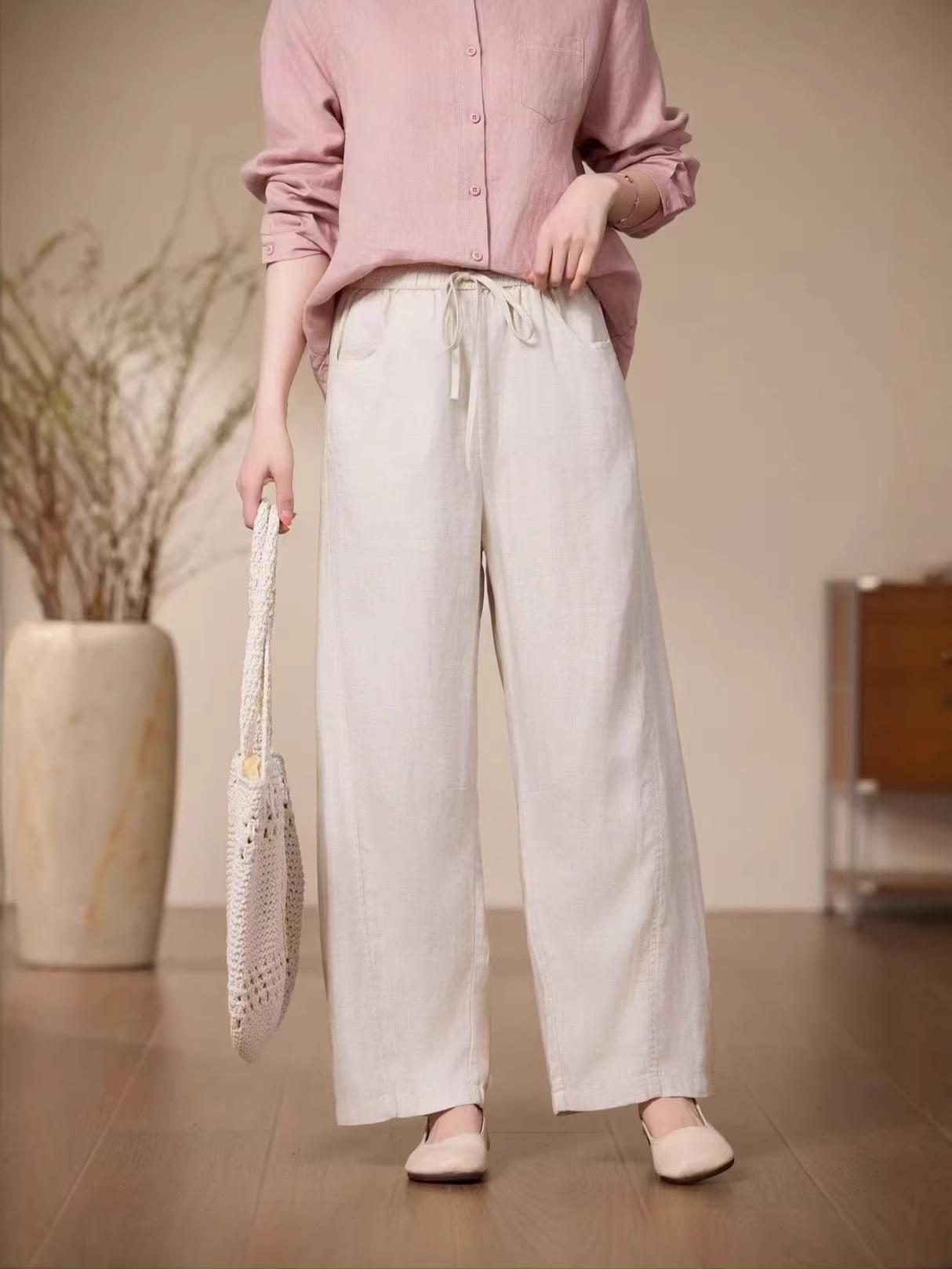 

2026 Artistic Pure Linen Women s Slimming Elastic Waist Drawstring Pants L природний/Лляний